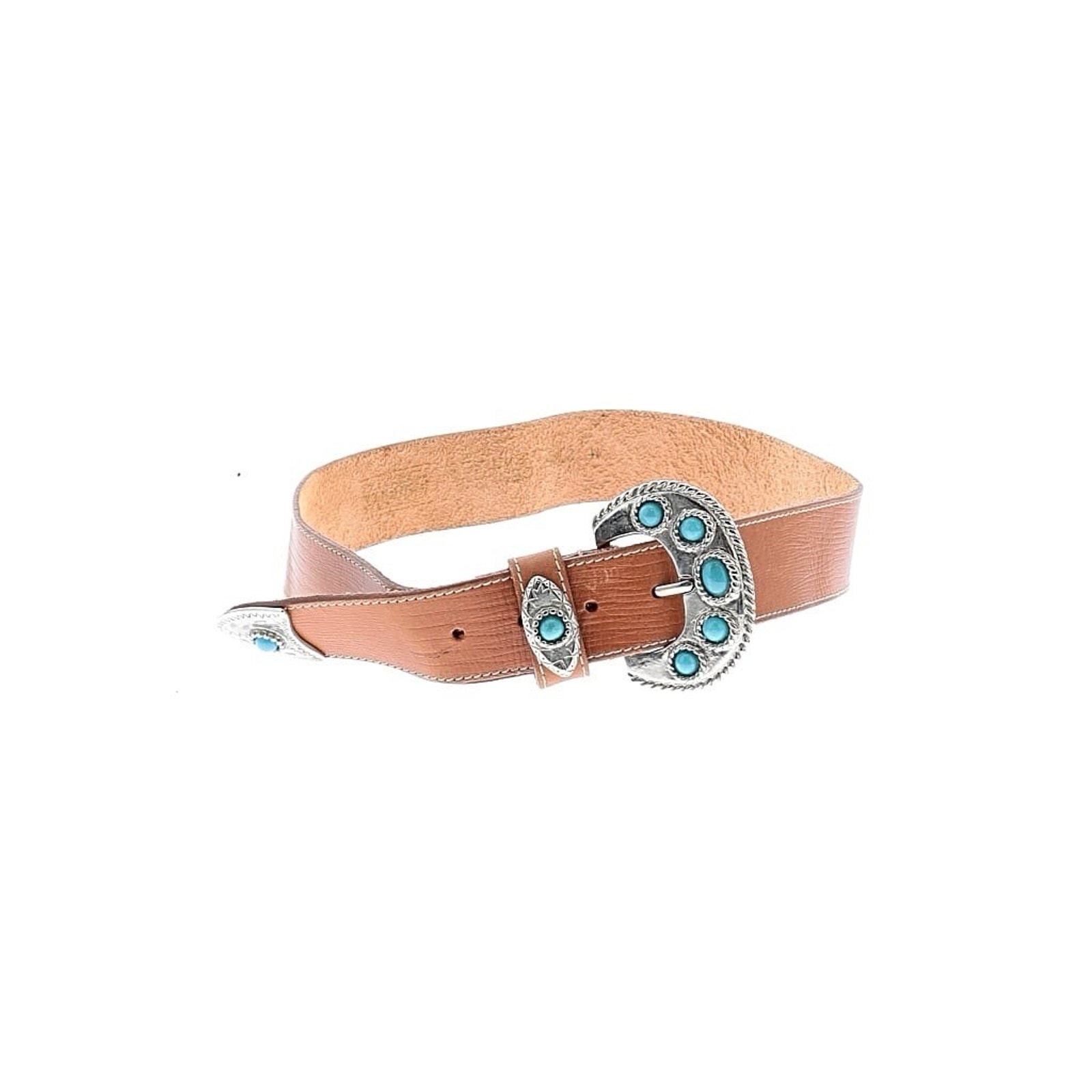 Vtg Forenza Brown Leather Western Belt Silver Hardware Turquoise Bead M